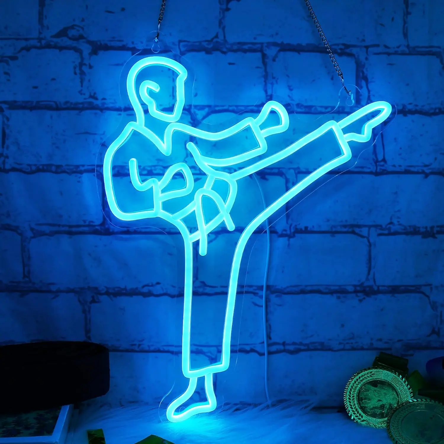Home Gym Neon Sign - Karate-Mann-Neonschild, blaue LED-Wanddekoration, USB-betriebene Lampe, Kampfkunst-Dekor,